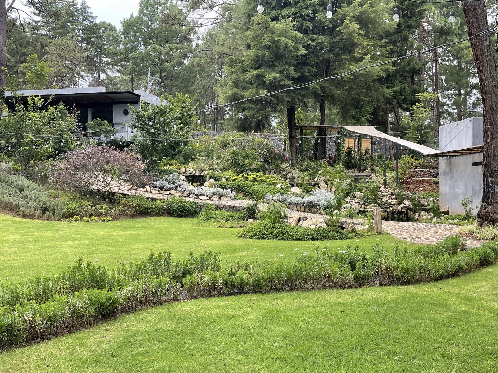 Jardín con pradera, rocalla y sendero de piedra bola frente a la casa